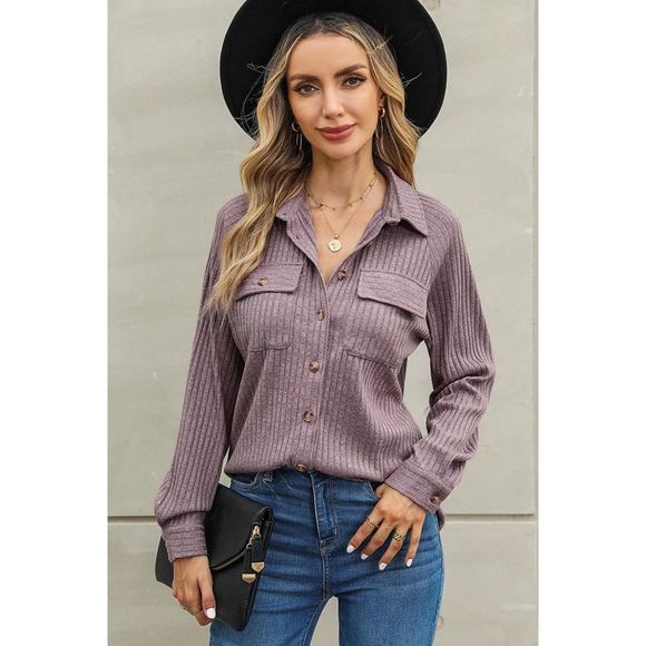 Azura Exchange  Purple Button Flap Pocket Ribbed Knit Shacket - Picture 5 of 15